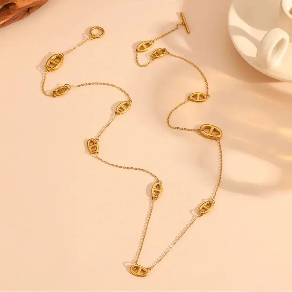 Gold PigNose Multilayer Necklace Bracelet Set Stainless Steel Plated Mariner